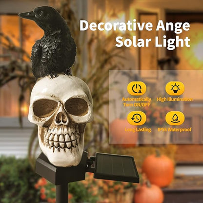 QH & Garden Halloween Outdoor Decoration Solar Lights, Waterproof Ghost Lights, Skull Solar Garden Statue with Black Crow on Skull, Skeleton Stakes with LED, Stunning Halloween Decorations