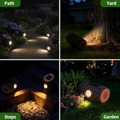Solar Garden Lights Outdoor Decorative, 2 Pack Rustic Tree Stump Solar Pathway Lights IP65 Waterproof, Auto On/Off Yard Decor for Patio, Lawn, Flower Bed, Steps, Unique Garden Gifts, Warm White