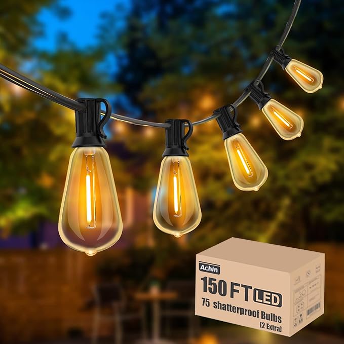 Achin Outdoor String Lights 150FT LED ST38 Edison Vintage String Lights Outdoor Dimmable Warm 2200K with 75 | Lumora