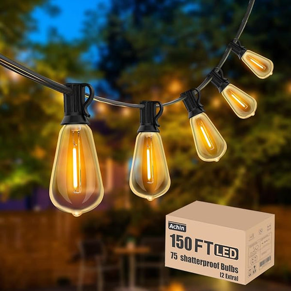 Achin Outdoor String Lights 150FT LED ST38 Edison Vintage String Lights Outdoor Dimmable Warm 2200K with 75 | Lumora