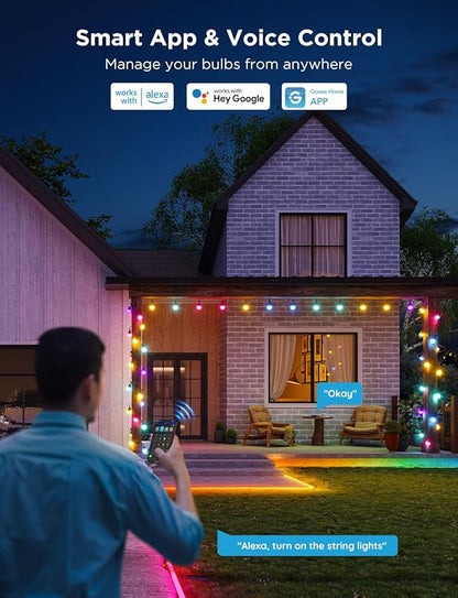 Govee Smart Outdoor String Lights 2, 96ft RGBIC Outdoor Lights with Dimmable Warm White LED Bulbs, 47 Scene Modes for Patio, Backyard, IP65 Waterproof, Compatible with Alexa, App Control