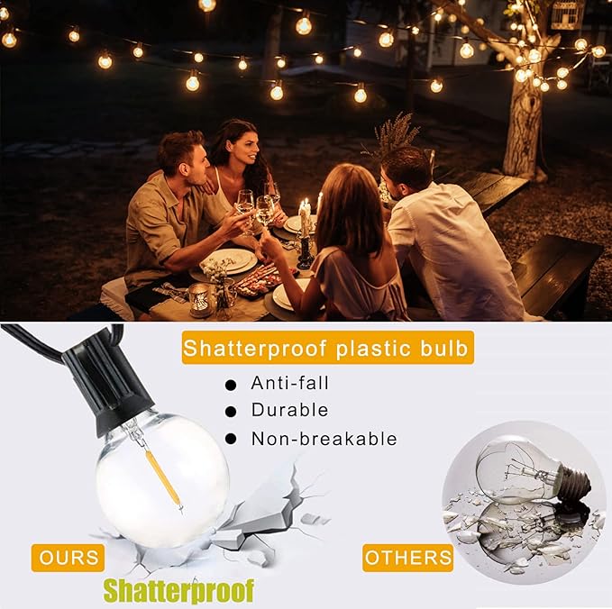 100FT LED String Lights Outdoor Waterproof G40 Globe String Lights with 52 Shatterproof Bulbs(2 Extra), Dimmable | Lumora