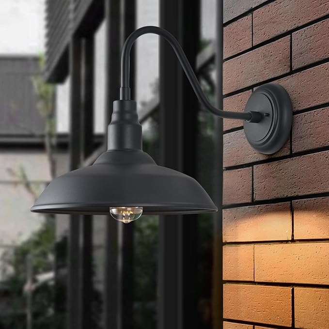 14in Outdoor Gooseneck Light Fixture for Porch, Large Exterior Barn Light with Wall Mount, Black Industrial | Lumora