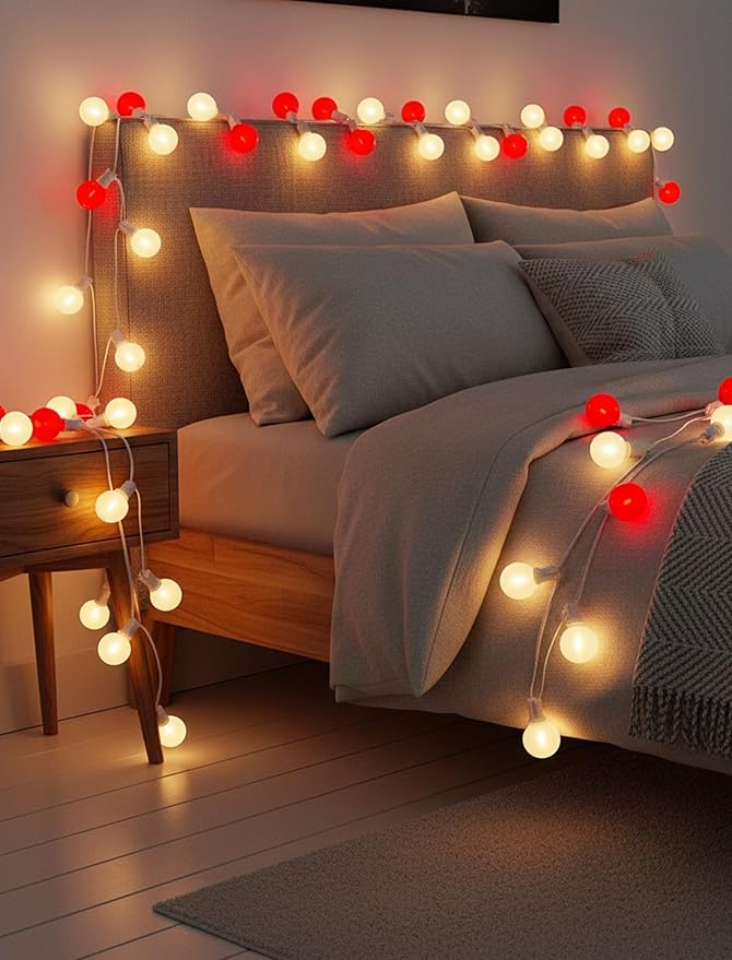 G40 LED Valentine’s Day String Lights, 25Ft Valentines Decorations Lights Outdoor with Frosted Red White Round Bulbs, Hanging Patio Lights Shatterproof for Indoor Home Decor Wedding Party, White Wire