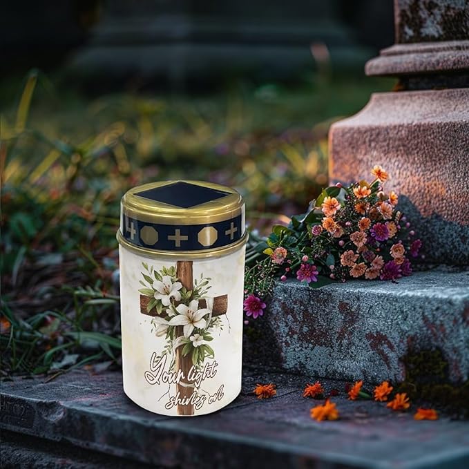 Grave Decorations for Cemetery Lily Flower Solar Cross for Cemetery Grave Waterproof Dusk to Dawn Sensor Grave Lamp Bereavement Gifts 2 Pack