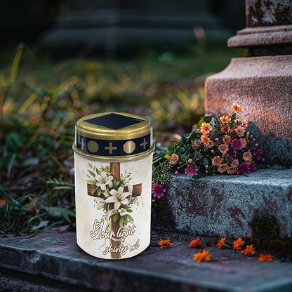 Grave Decorations for Cemetery Lily Flower Solar Cross for Cemetery Grave Waterproof Dusk to Dawn Sensor Grave Lamp Bereavement Gifts 2 Pack