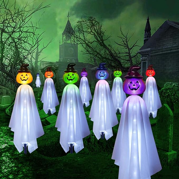 Homeleo Set of 4 Solar Pumpkin Ghost Lights for Halloween Decorations Outdoor, Light up Floating Scary Ghosts Pumpkins Witch Hat Stake Lights for Porch Yard Outside Pathway Halloween Party Decor