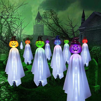 Homeleo Set of 4 Solar Pumpkin Ghost Lights for Halloween Decorations Outdoor, Light up Floating Scary Ghosts Pumpkins Witch Hat Stake Lights for Porch Yard Outside Pathway Halloween Party Decor