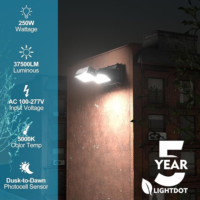 Lightdot 2Pack 250W LED Wall Pack Lights, 360° Adjustable Panel with Dusk to Dawn Photocell, 37500Lm 5000K, IP65 Waterproof & Advanced Heat Dissipation Outdoor Security Lighting(Height:20~35ft)