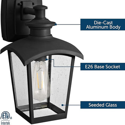 Home Luminaire 31703 Spence 1-Light Outdoor Wall Lantern with Seeded Glass and Built-in GFCI Outlet, Black