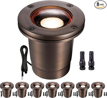 Gardenreet Low Voltage Well Lights for Landscaping - Brass IP67 Outdoor In-Ground Light, 12V LED Hardwired Landscape Lighting, Antique Bronze for Pathway Tree Lawn Without MR16 Bulb (8 Pack)