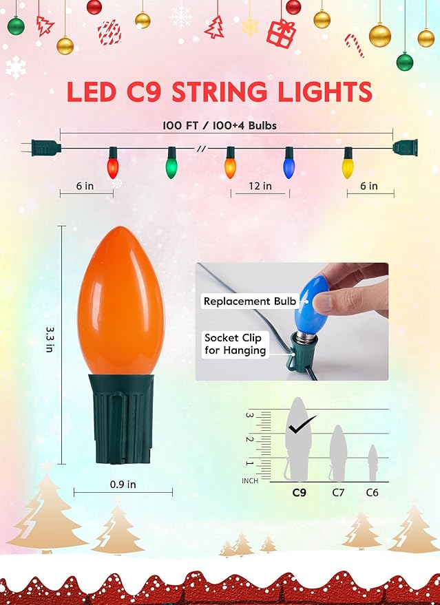 Vintage C9 LED Christmas Lights Outdoor, 100 Feet C9 String Lights with 100 Shatterproof C9 Bulbs, Waterproof | Lumora