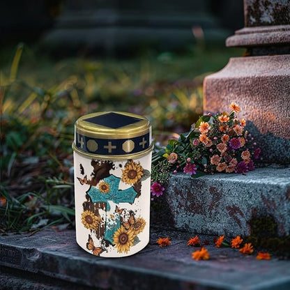 Cross Sunflower Butterfly Cemetery Cross Solar Lights Solar Light Outdoor for Cemetery, LED Waterproof Solar Lights for Garden, Balcony, Yard, Memorial Gifts