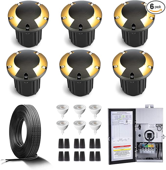 Gardenreet Brass In Ground Lights Kit(6 Pack) with 150W Low Voltage Transformer & MR16 Bulb & 100Feet Wire & | Lumora