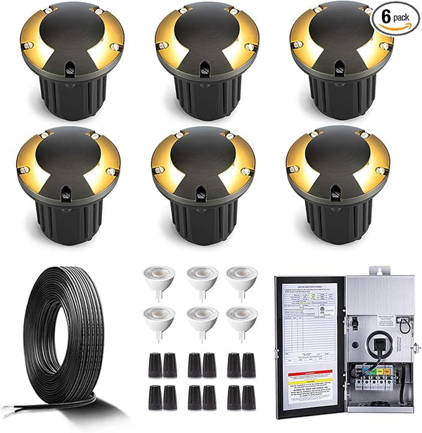 Gardenreet Brass In Ground Lights Kit(6 Pack) with 150W Low Voltage Transformer & MR16 Bulb & 100Feet Wire & | Lumora