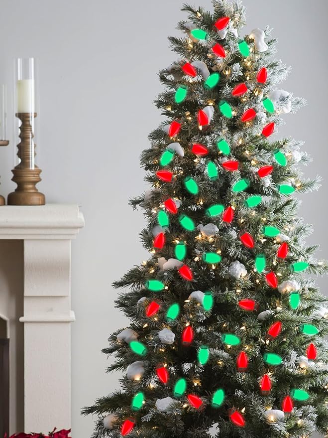 C9 LED Christmas Lights, 25Ft Vintage C9 String Lights with 26 LED Ceramic Red Green Bulbs, Hanging Connectable Christmas String Lights for Patio Garden Holiday Home Decor-Green Wire