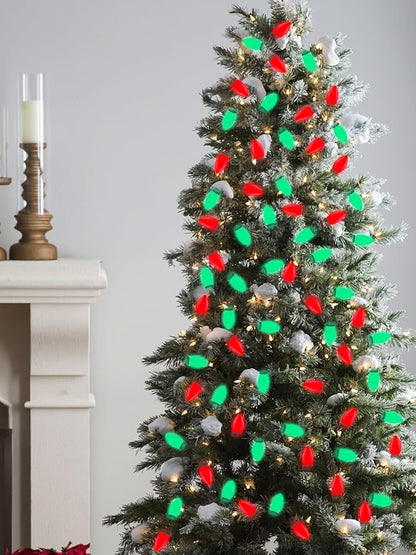 C9 LED Christmas Lights, 25Ft Vintage C9 String Lights with 26 LED Ceramic Red Green Bulbs, Hanging Connectable Christmas String Lights for Patio Garden Holiday Home Decor-Green Wire