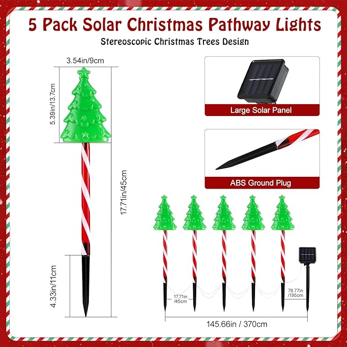 Lewondr Solar Christmas Pathway Lights, 5 PCS Solar Christmas Decorations Outdoor with 2 Lighting Modes, Xmas Tree Lights with Red Pole and Garden Stake, Waterproof Garden Lawn Patio Holiday Decor