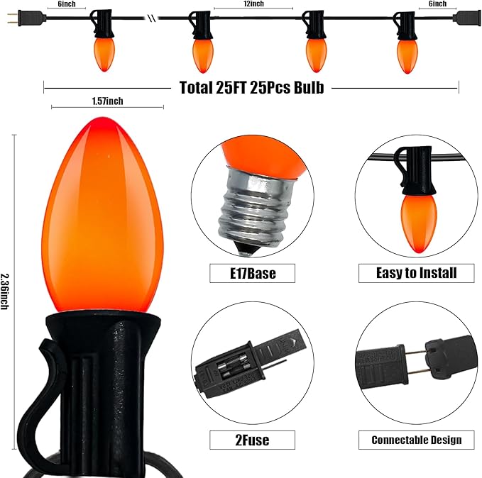 C9 Vintage Christmas String Lights with 26 Orange Ceramic Bulbs, 25FT Hanging Outdoor & Indoor String Lights for Christmas Party Patio Yard House Decoration (Black Wire)
