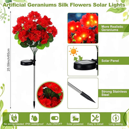 2 Pcs Solar Geraniums Lights Outdoor Waterproof for Garden Spring Decor Light with 10 Solar Geraniums Light for Outside Stake Decorative Auto On/Off for Garden Yard Backyard Patio