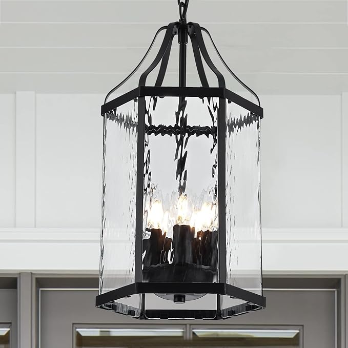 10" Modern 5-Light Exterior Black Lantern Pendant Light Fixture with Clear Rippled Glass Mini Industrial Hanging | Lumora