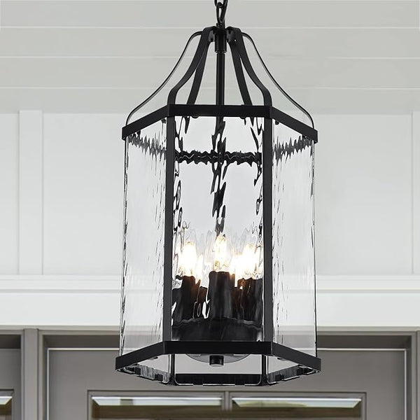 10" Modern 5-Light Exterior Black Lantern Pendant Light Fixture with Clear Rippled Glass Mini Industrial Hanging | Lumora