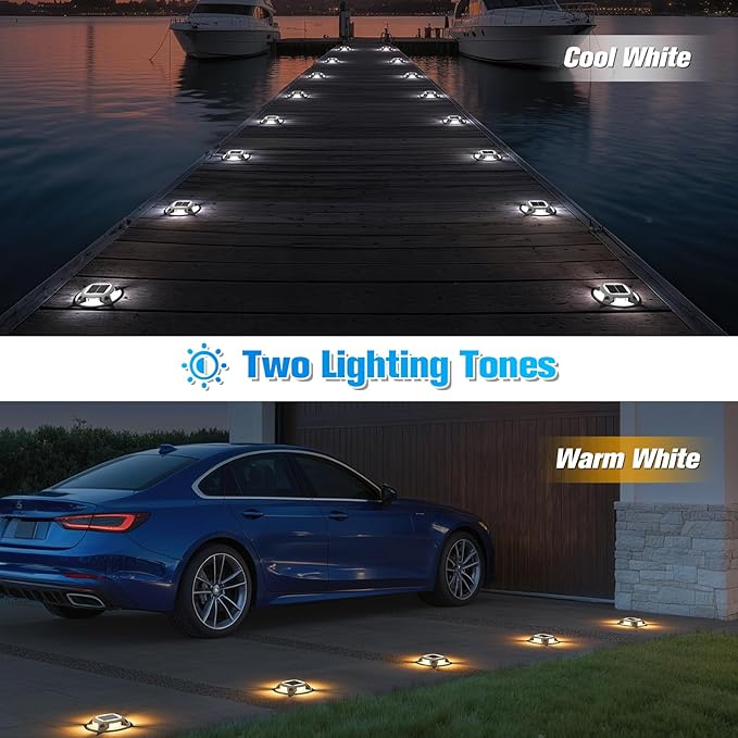 VOLISUN Solar Driveway Lights Dock Deck Lights 16 Pack,2 Colors in 1 Led IP67 Waterproof Outdoor Warning Step Lights for Driveway Sidewalk Pathway (White/Warm White)
