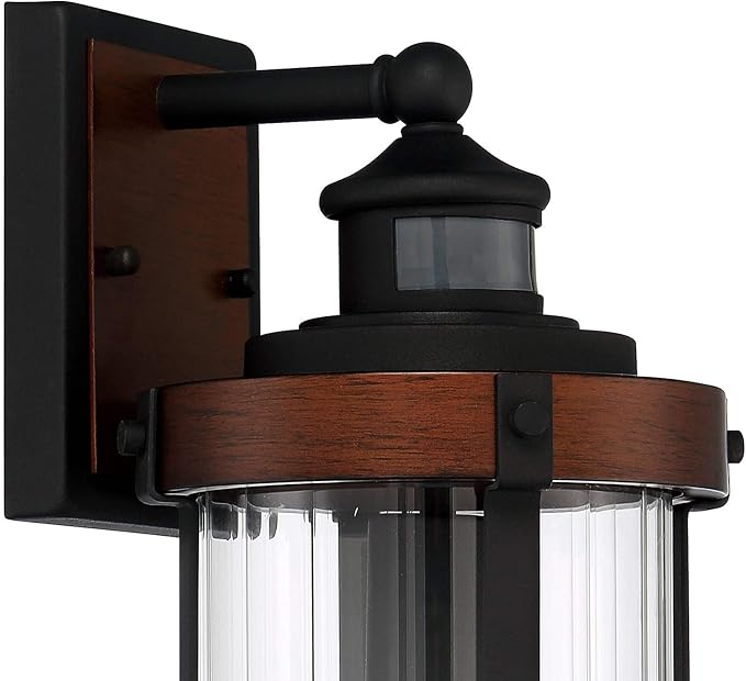John Timberland Utley Industrial Outdoor Wall Light Fixture Dark Wood Finish Black 15 1/2" Motion Sensor Clear Glass for Exterior House Porch Patio Outside Deck Garage Yard Front Door Garden Home