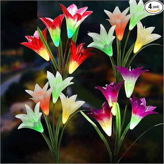 TONULAX Solar Lights Outdoor - Upgradedr Garden Light, Multi-Color Changing Lily Solar Flower Lights for Patio,Yard Decoration, Bigger Flower and Wider Panel (4 Pack,Red, 2 Purple, White)