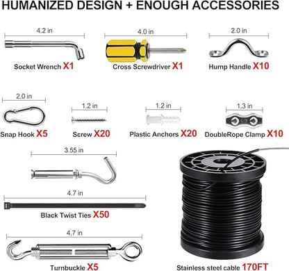 BLIKA String Light Hanging Kits, 170FT Coated Stainless Steel 304 Wire Rope, Outdoor Light Guide Wire, Globe String Light Suspension Kit Included Turnbuckles, Enough Accessories, Use Manual