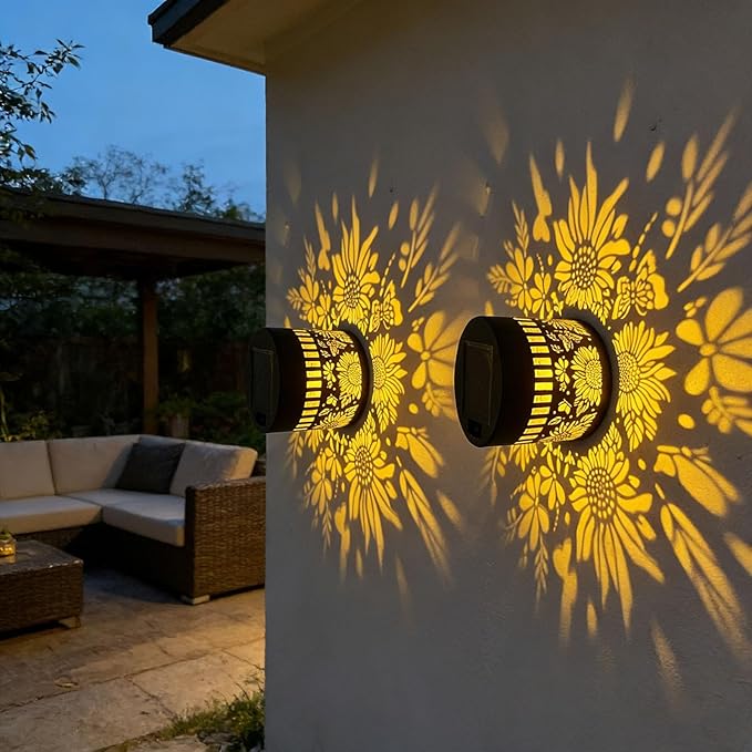 Solar Mandala Lights Outdoor Decorative - Waterproof Metal Mandala Solar Wall Lights, Artistic Fence & Step Lights for Garden, Patio, Backyard, Yard & Outdoor Home (4, Sunflower-Colored Light)