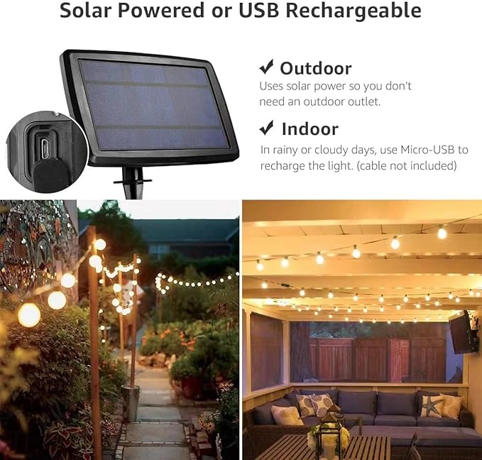 Solar String Lights,27FT G40 Waterproof LED String Lights with 25 Hanging Bulbs,USB Rechargerable Gazebo | Lumora