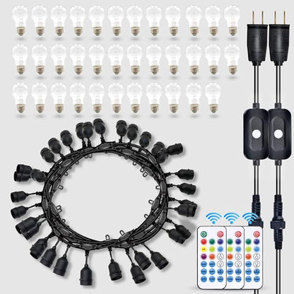96FT Solar Outdoor String Lights, 30 Shatterproof Edison Bulbs, Dimmable Color Changing RGB LED Patio Lights with 2 Remote Controllers. Perfect for Backyard Decorative Lighting