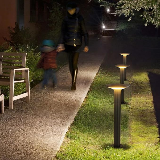Solar LED Landscape Lighting Round Solar Pathway Light Black Aluminum Housing Path Bollard Lights with IP65 Waterproof Warm Light Cylinder Outdoor Floor Lamp for Drivway Porch Patio