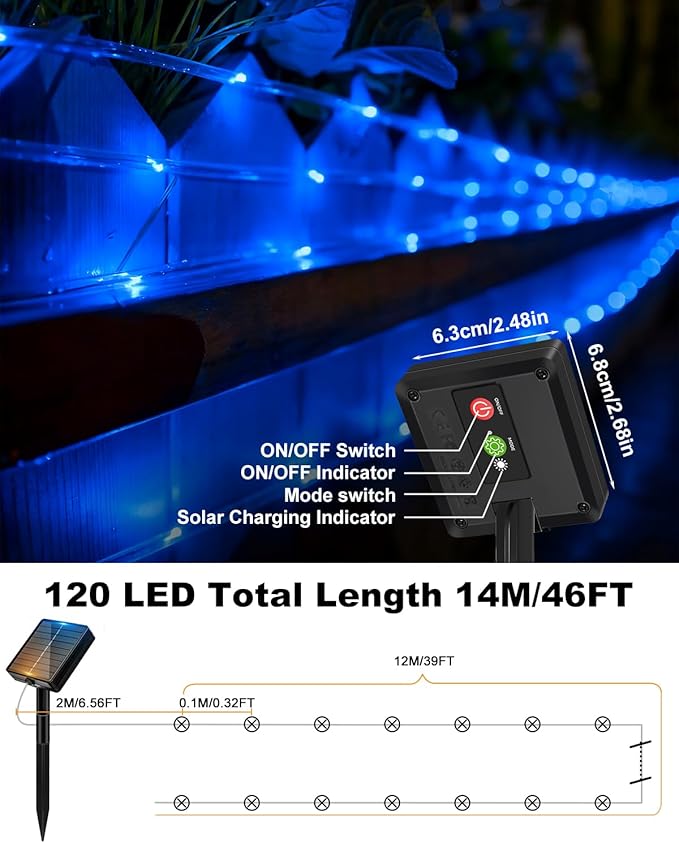 btfarm Solar Rope Lights Outdoor, 120LED 46FT Solar String Lights Outside Waterproof, 8 Lighting Modes Tree Tube Fairy Light Solar Powered for Garden Christmas Yard Party Decorations, Blue