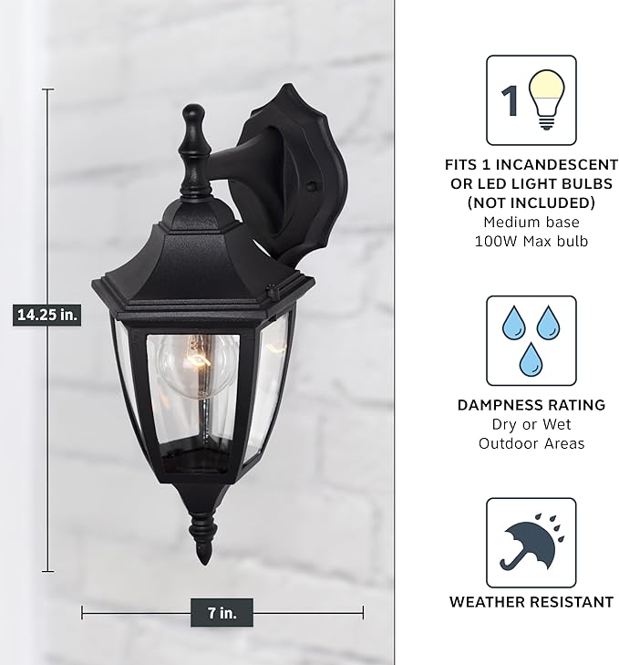 Designers Fountain Waterbury Outdoor Light Fixture, 14.25 Inch Exterior Wall Lantern Sconce for Front Door, Patio | Lumora