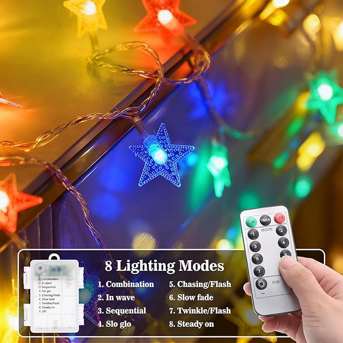 Star String Lights, 33ft 100 LED 8 Modes Star Fairy Lights Battery Operated Waterproof Indoor Outdoor for Bedroom Patio Party Wedding Tent Loft Bed Xmas Tree Decor, Multicolor