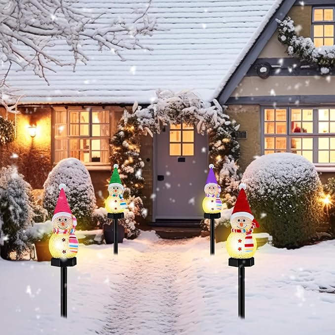 4 Pcs Christmas Snowman Pathway Lights Solar Outdoor Snowman Stakes Lights LED Waterproof Decorative Lamp Christmas | Lumora