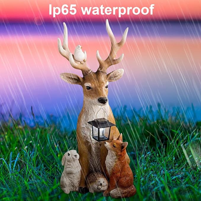 Outdoor Decor Solar Statue Lamps Creative Deer Rabbit Hedgehog Wolf Modeling Sculpture Lights Waterproof Energy Saving Solar Resin Figurine Lamps for Garden Lawn Yard Decoration, 10x8x20cm