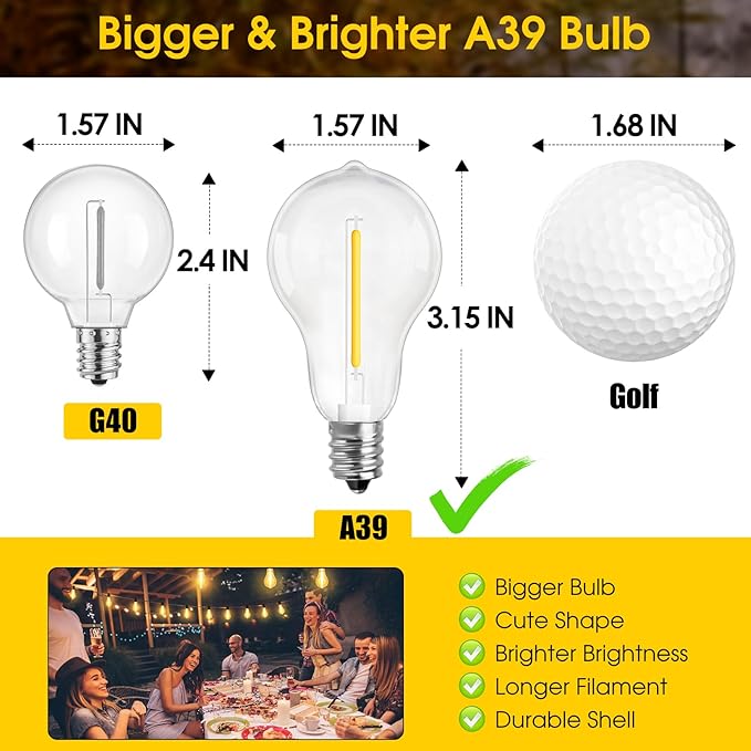 100FT LED Outdoor String Lights, Waterproof Patio Lights with 32 Shatterproof Dimmable 2700K A39 Bulbs Hanging | Lumora