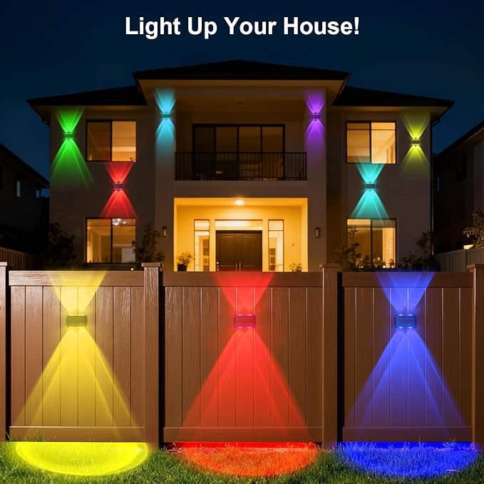 Solar Fence Lights Outdoor, New Up Down Lighting Fence Lights Solar Powered with 8 Modes Warm White/RGB, IP65 Waterproof Solar Wall Light for Backyard Wall Pathway Deck Patio Decor - 12 Pack