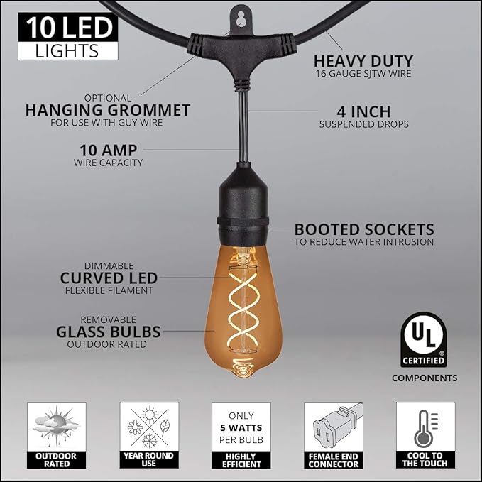 Wintergreen Lighting 30' FlexFilament LED ST64 Edison Bulb String Lights, Suspended - Outdoor Security Flood Light | Lumora