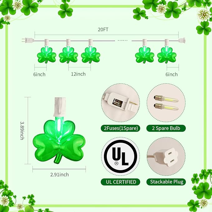 20Ft St Patrick's Day Lights Outdoor, Shamrock String Lights Plug in with 22 Shattproof LED Bulbs for Indoor and Outdoor Home Bar Garden Saint Patrick's Day Decor