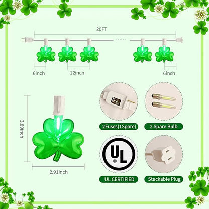 20Ft St Patrick's Day Lights Outdoor, Shamrock String Lights Plug in with 22 Shattproof LED Bulbs for Indoor and Outdoor Home Bar Garden Saint Patrick's Day Decor