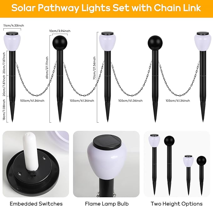 GOESWELL Solar Post Lights Decorative Fence: 27 inch Tall Large Landscape Path Lights with Chains for Pool Driveway Patio Garden - Set of 3 Flickering Flame Lights and 2 Post