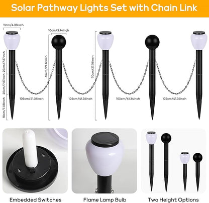 GOESWELL Solar Post Lights Decorative Fence: 27 inch Tall Large Landscape Path Lights with Chains for Pool Driveway Patio Garden - Set of 3 Flickering Flame Lights and 2 Post