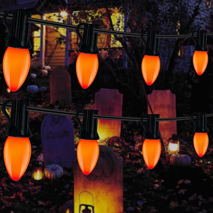 C9 Vintage Christmas String Lights with 26 Orange Ceramic Bulbs, 25FT Hanging Outdoor & Indoor String Lights for Christmas Party Patio Yard House Decoration (Black Wire)