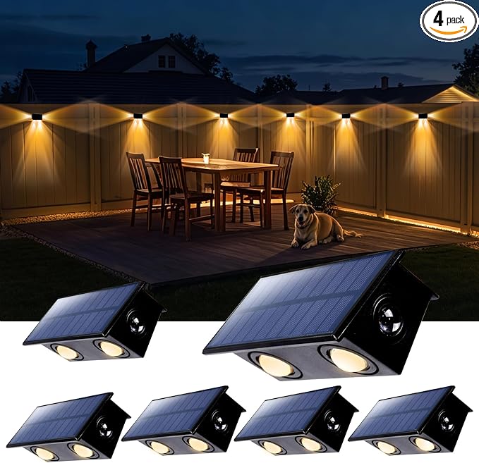 Fence Lights Solar Powered Outdoor Waterproof 3 Sided Wall LED Landscaping for Yard, Deck, Patio, Rail, Garage, Pool, Balcony, Energy Efficient Warm White Safety (Warm, 3Sides-6Pack Light)