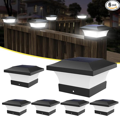 T-SUN Solar Post Lights, Outdoor Waterproof Solar Post Cap Lights for 4X4, 5X5, 6X6 Wooden Posts，6000K White LED Lighting, Deck, Patio Garden Decor or Fence(6 Pack)