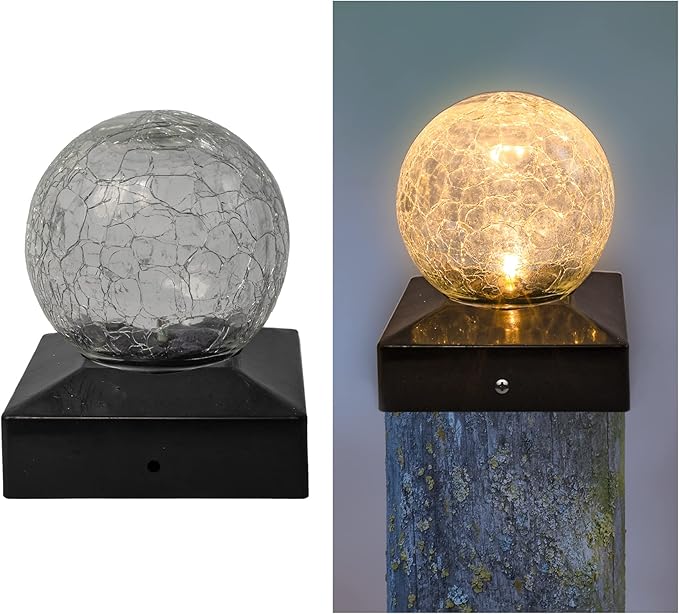 2-Pack Crackled Ball Post Cap Light Solar LED Waterproof Outdoor Garden Stake Light - Decorative Electronic Light Garden Decor for Yard, Lawn, Patio, Deck, Pathway, Pond, Backyard